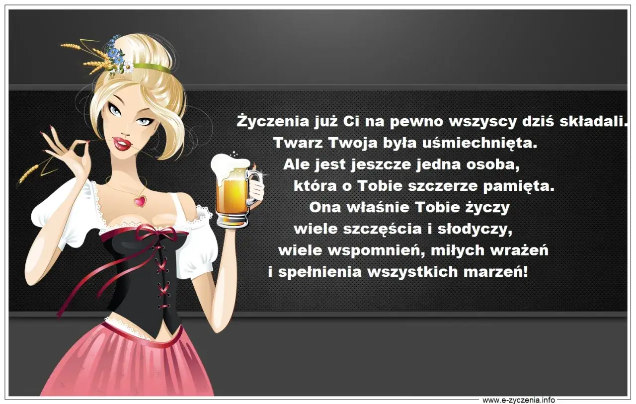 Kobieta w stroju ludowym z piwem i kłosem życzy śmiesznych imienin dla faceta.