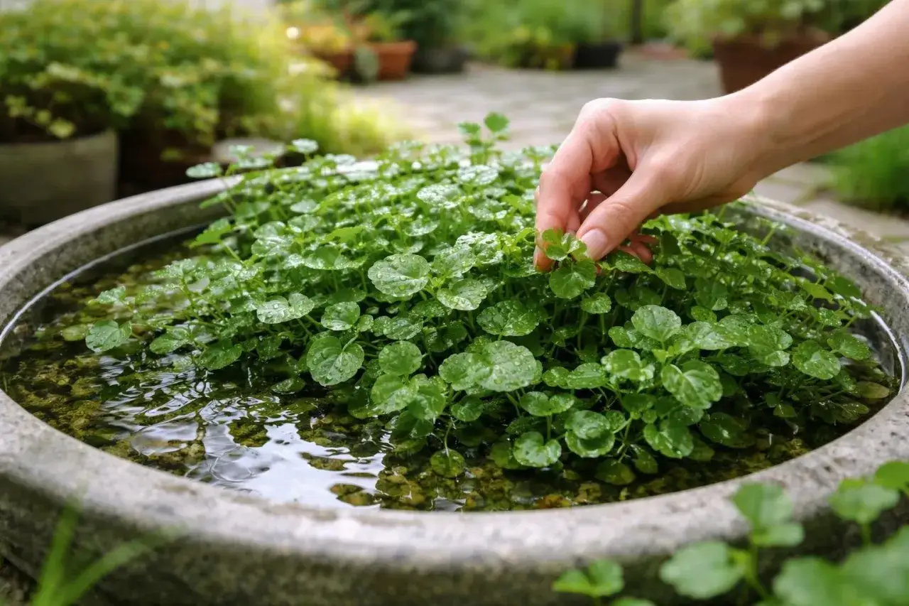 Eine Hand zupft frische Bl&auml;tter aus einem Wasserbecken, um Brunnenkresse anzubauen.