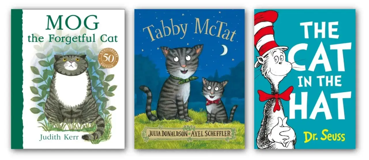 Trzy okładki książek z kotami: MOG, Tabby McTat i kot z bajki w czerwono-białym kapeluszu.