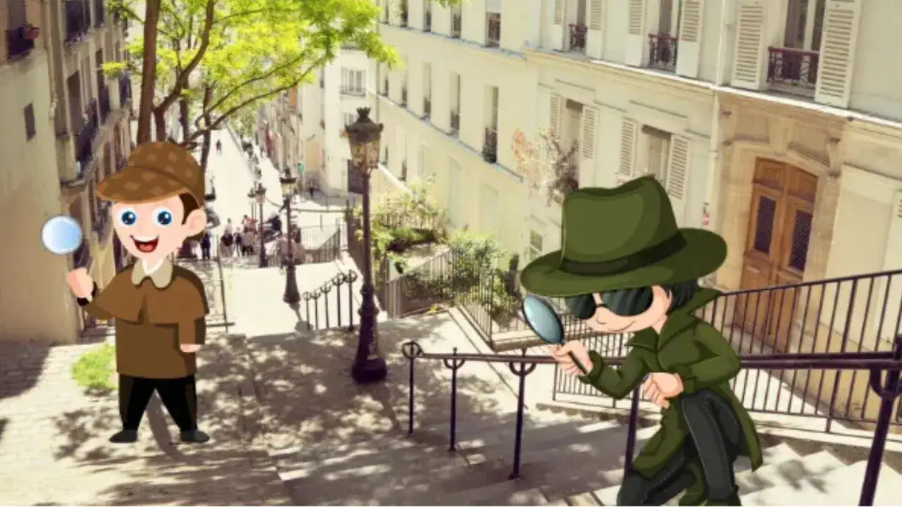 Deux d&eacute;tectives cartoon explorent une ruelle de Montmartre, pr&ecirc;ts pour un escape game.
