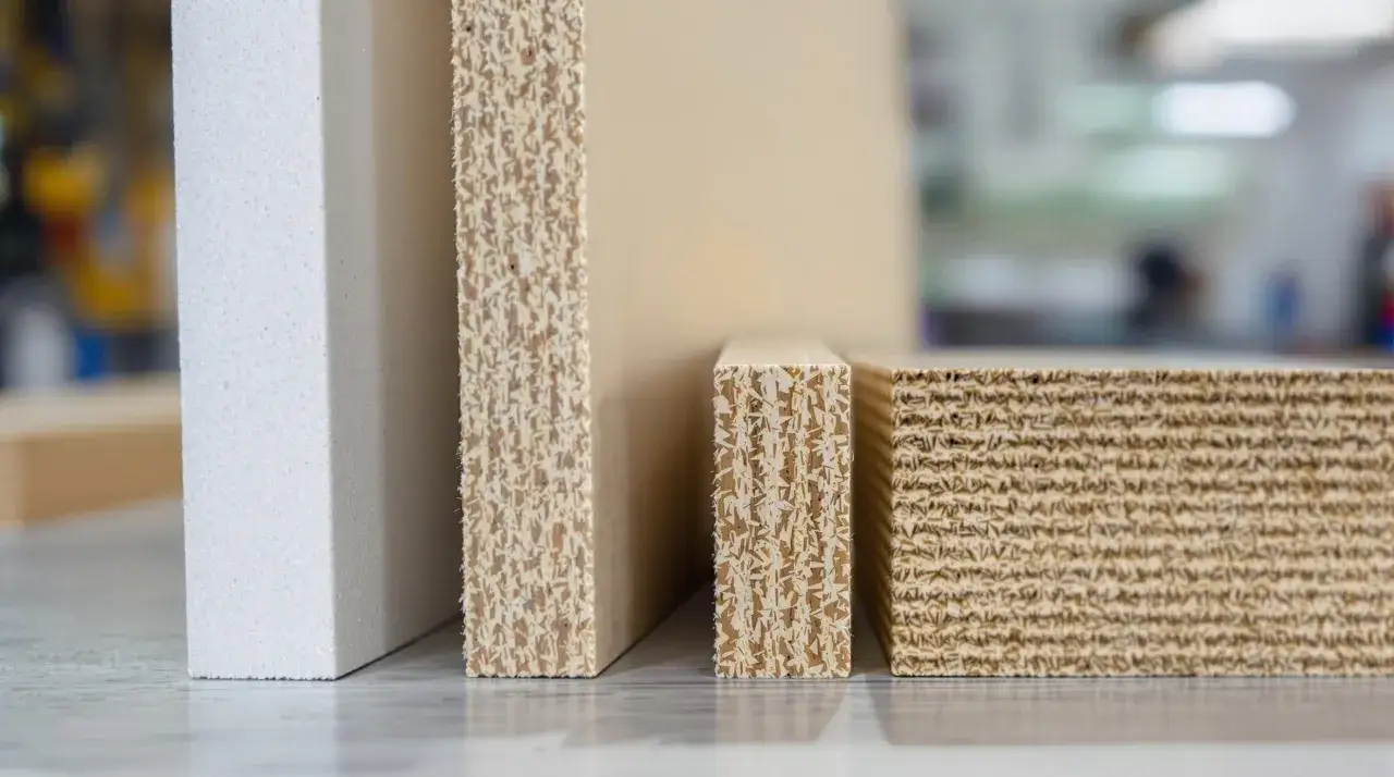 Panneaux de construction : un blanc lisse, un OSB ou placo textur&eacute;, et un autre panneau de bois composite.