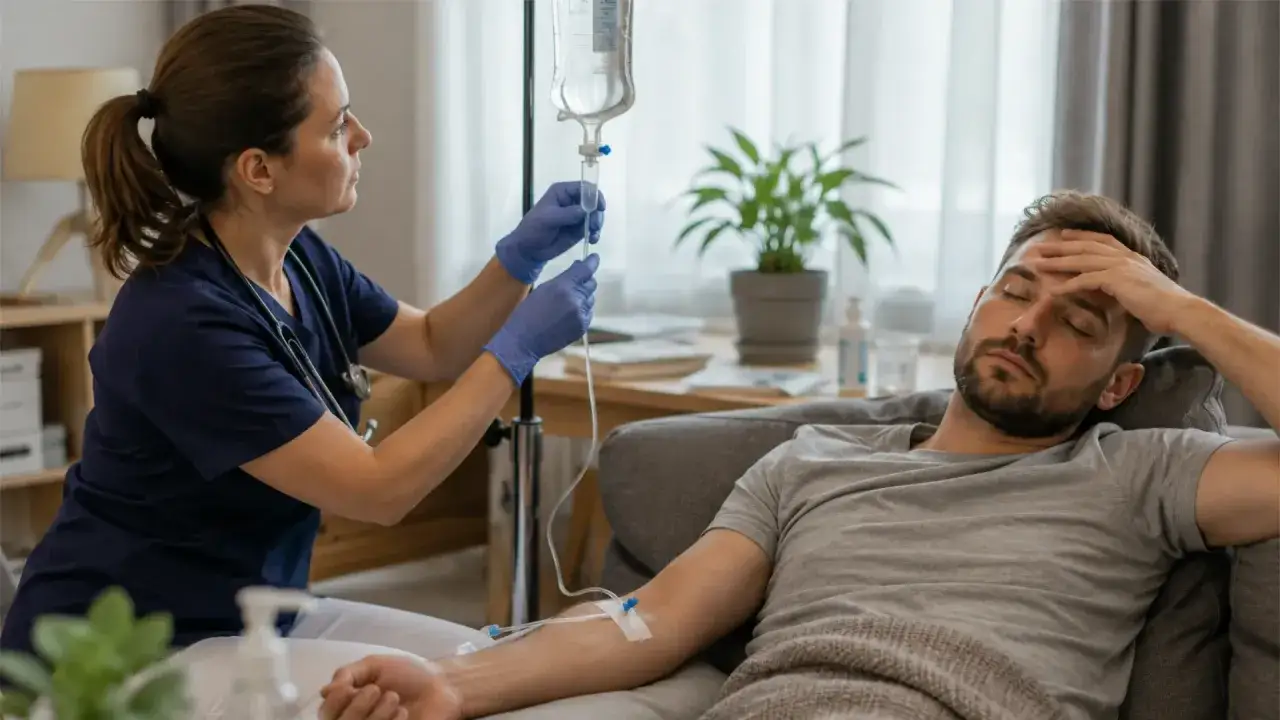 Pielęgniarka przygotowuje kroplówkę dla pacjenta leżącego na kanapie. W kroplówce znajduje się płyn nawadniający lub lek.