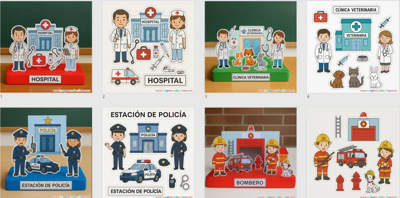 Diversión con dibujos para recortar y pegar para imprimir: doctores, veterinarios, policías y bomberos. ¡Crea tus propias escenas!