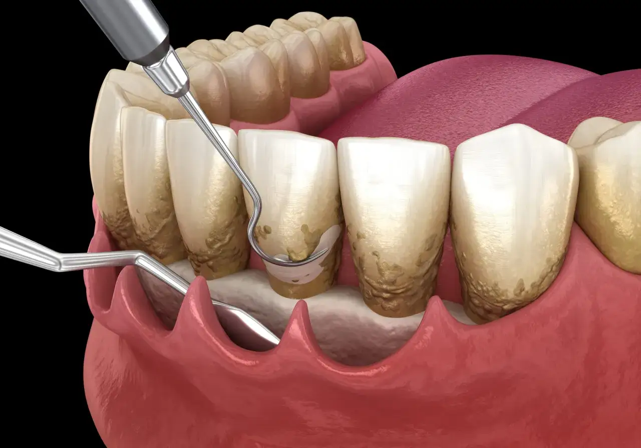 Herramientas dentales eliminan sarro en una limpieza dental profunda. El nombre del procedimiento es crucial para la salud bucal.