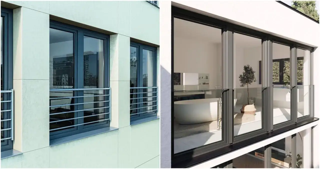 Nowoczesny portfenetr z widokiem na łazienkę z wanną i balkon z metalową balustradą.