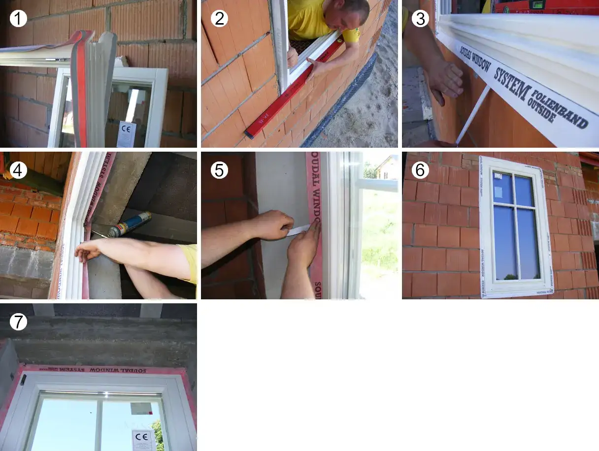 Montaż okien z użyciem taśmy Soudal Window System. Etapy prac: przygotowanie, poziomowanie, uszczelnianie i finalny efekt ciepłego montażu.