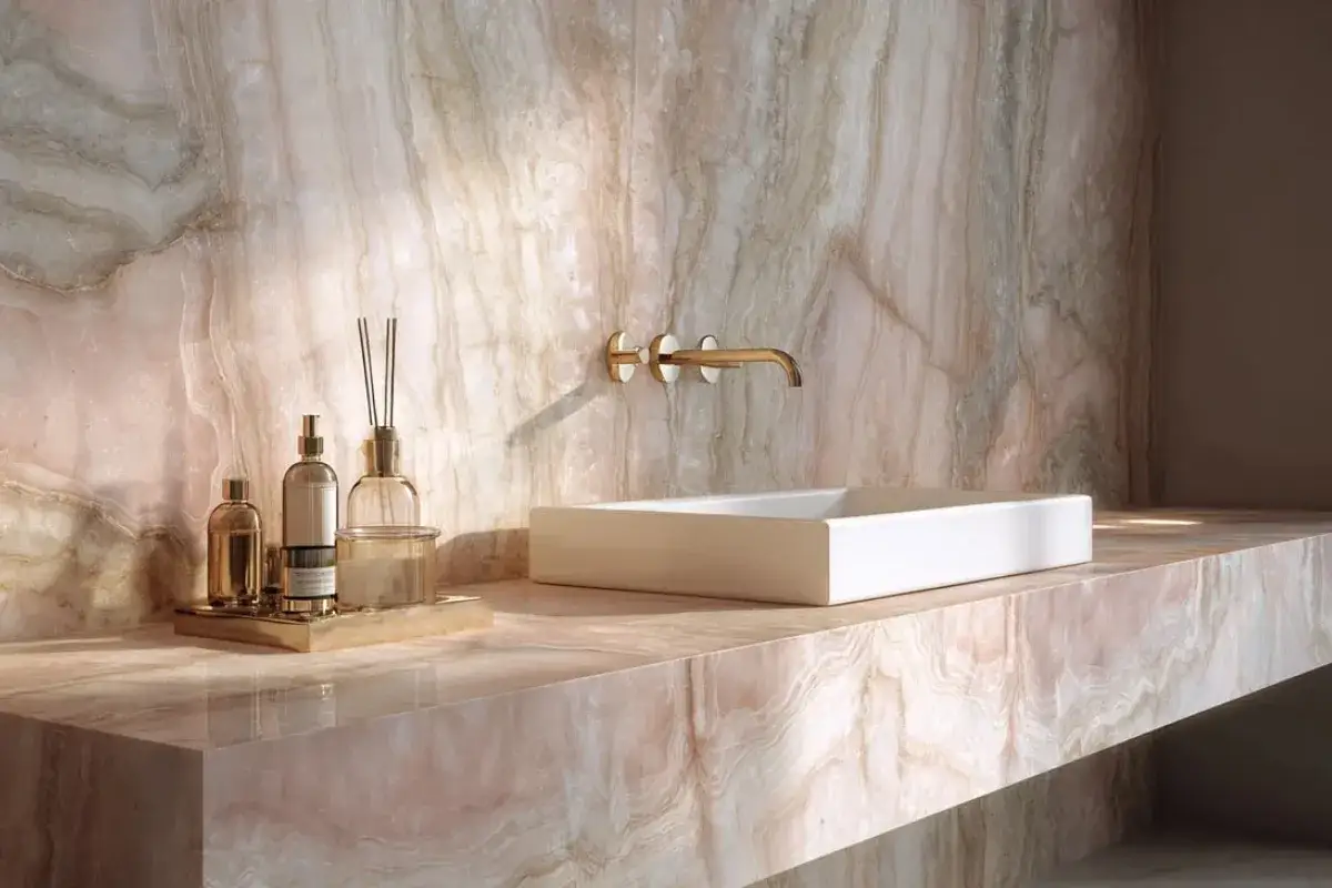 Bagno con pareti rosa antico e oro, lavabo bianco e rubinetteria dorata. Profumatori e flaconi su un piano in marmo.