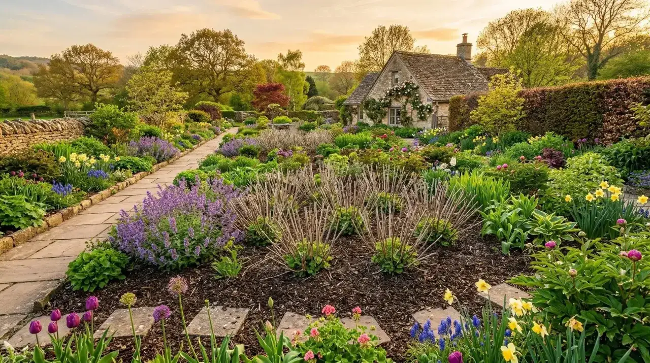 Un jardin anglais pittoresque avec une allée pavée, des fleurs colorées et une maison en pierre. La taille sauge arbustive est taillée pour former des buissons bas.