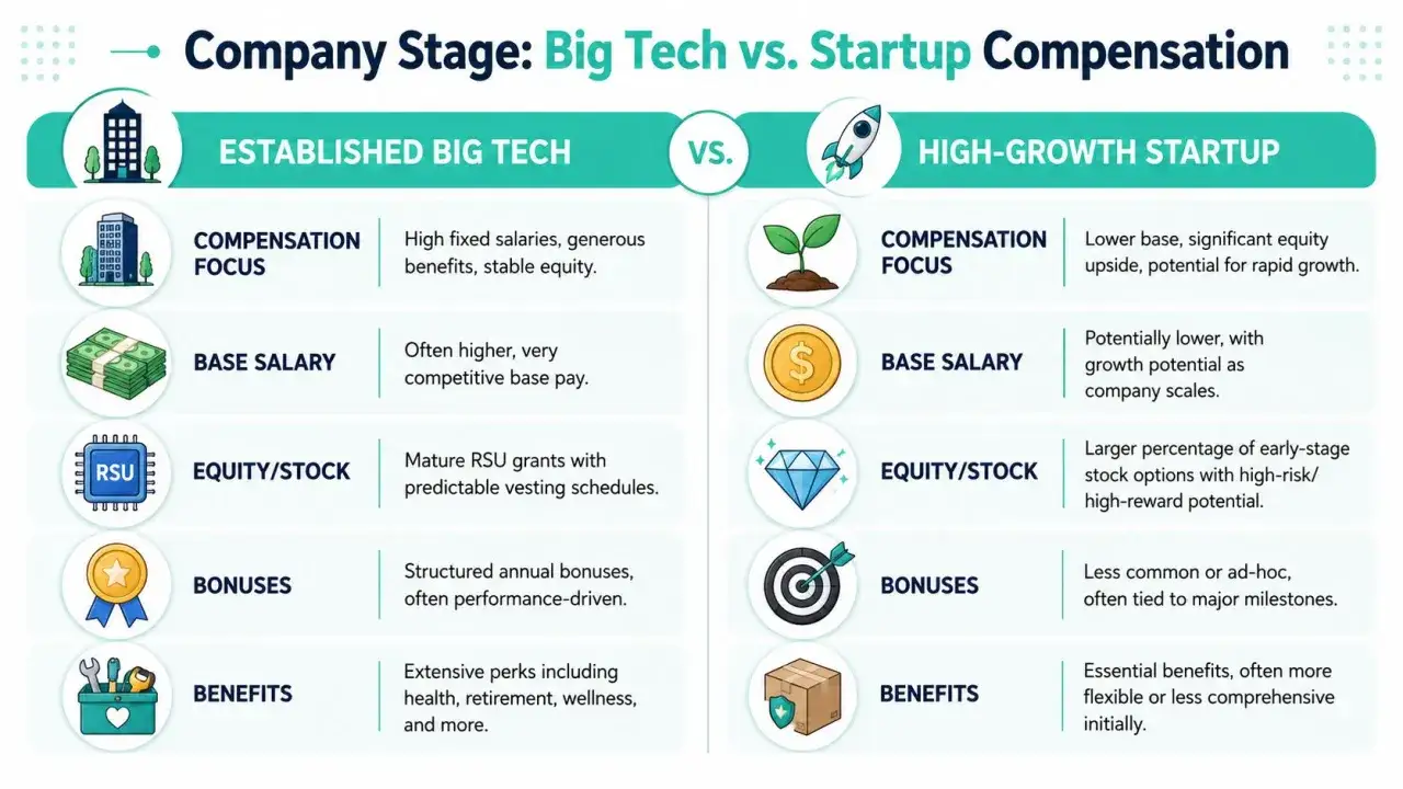 Comparing Big Tech and startup compensation: Big Tech offers stable equity, while startups focus on high-risk/high-reward equity potential.