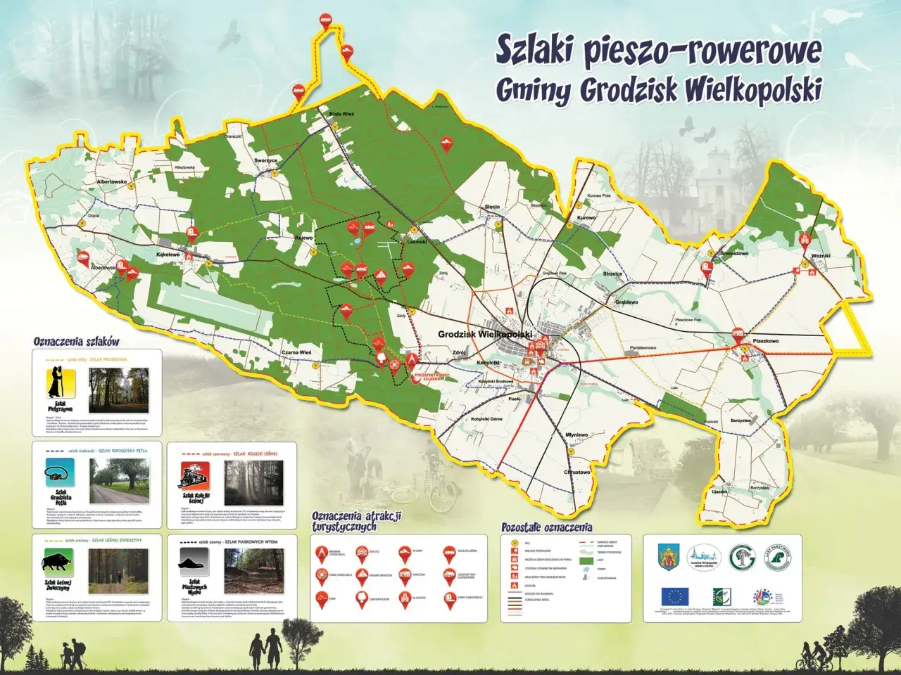 Mapa szlaków pieszo-rowerowych Gminy Grodzisk Wielkopolski. Obejmuje liczne trasy, w tym Szlak Pielgrzyma, Szlak Grodziska Pętla, Szlak Leśnej Zwierzyny i Szlak Kolejki Leśnej.