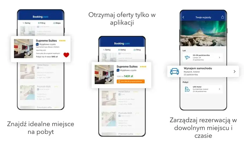 aplikacje do rezerwacji noclegów, laptop z otwartymi stronami booking.com trivago, telefon z aplikacją podróżniczą