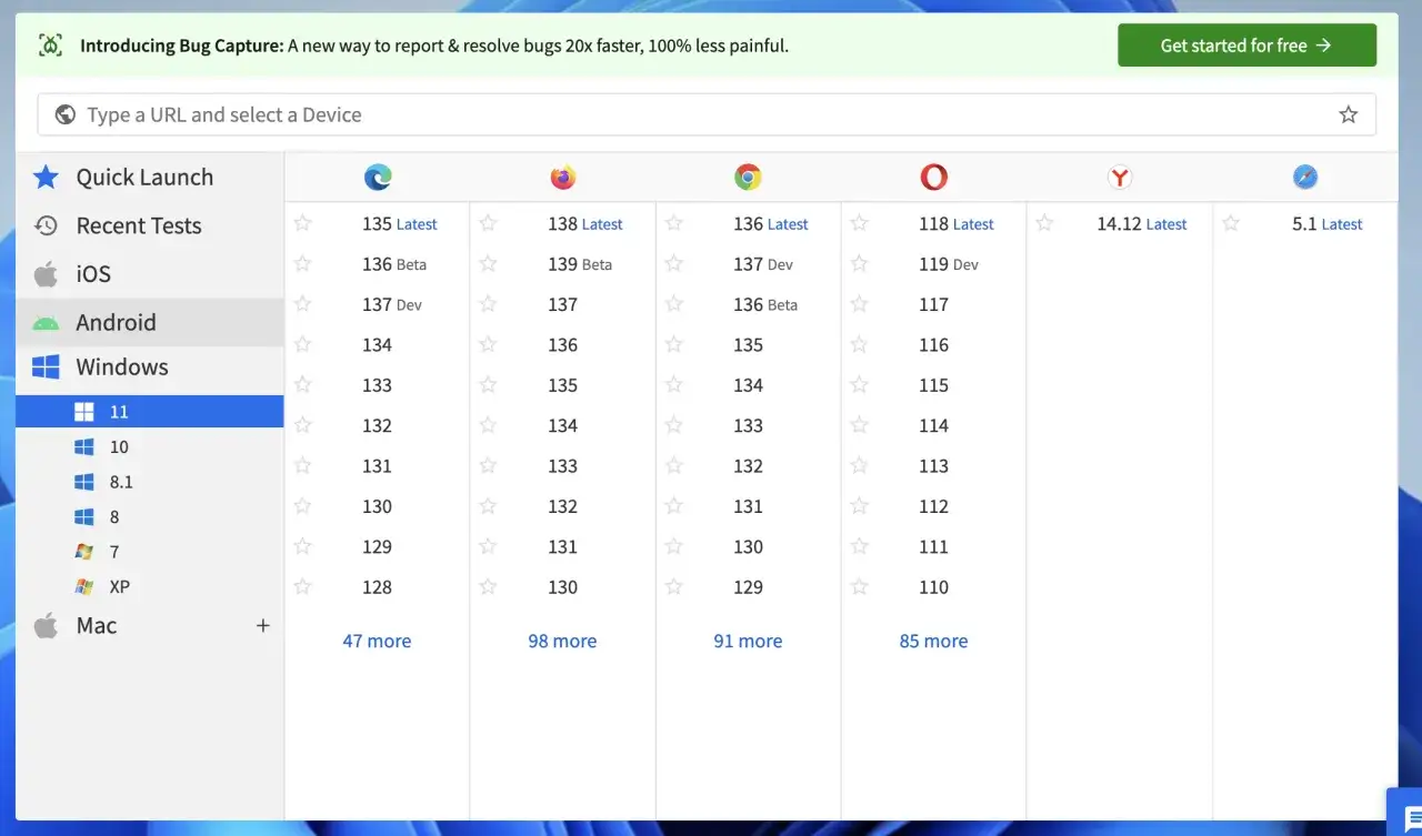 Interfejs do testowania stron na różnych przeglądarkach i systemach. Widoczny jest wybór Windows 11 w ramach **browser stack**.
