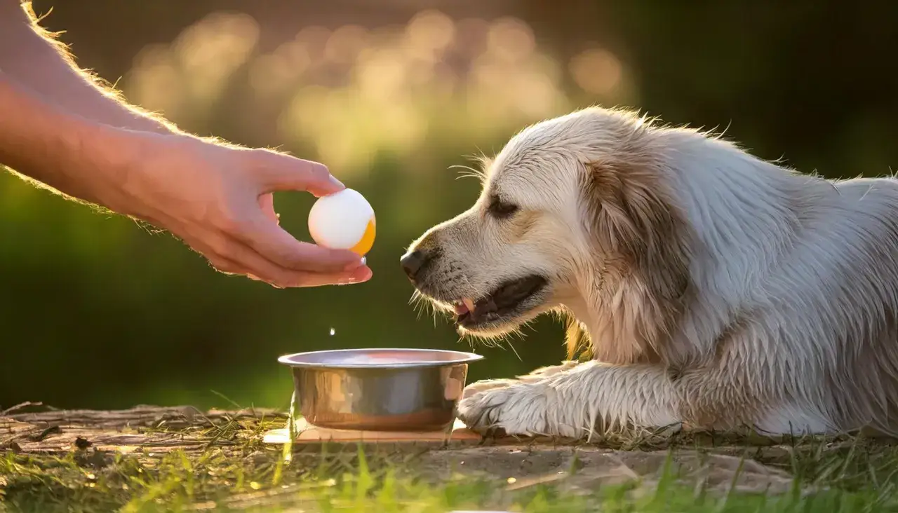 Złoty retriever z mokrym futrem patrzy na rękę trzymającą jajko, zastanawiając się, czy pies może surowe jajko.