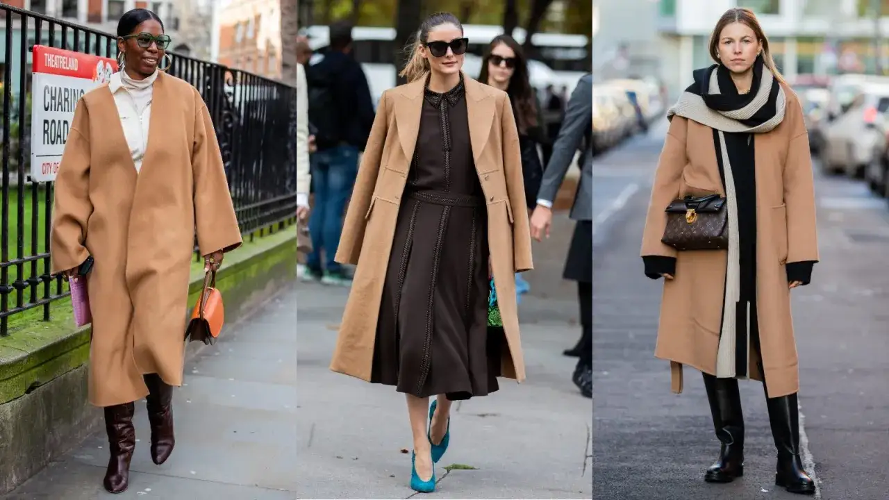 Trois femmes arborent un élégant manteau camel, un vêtement intemporel. L'une porte des lunettes vertes, l'autre un foulard rayé, la troisième une robe marron.