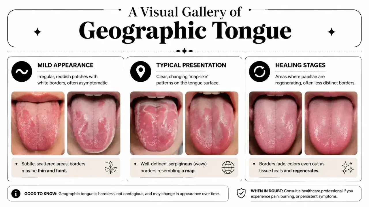 Język geograficzny: galeria obrazów pokazująca różne stadia łagodnego wyglądu, typowej prezentacji i gojenia się języka geograficznego.