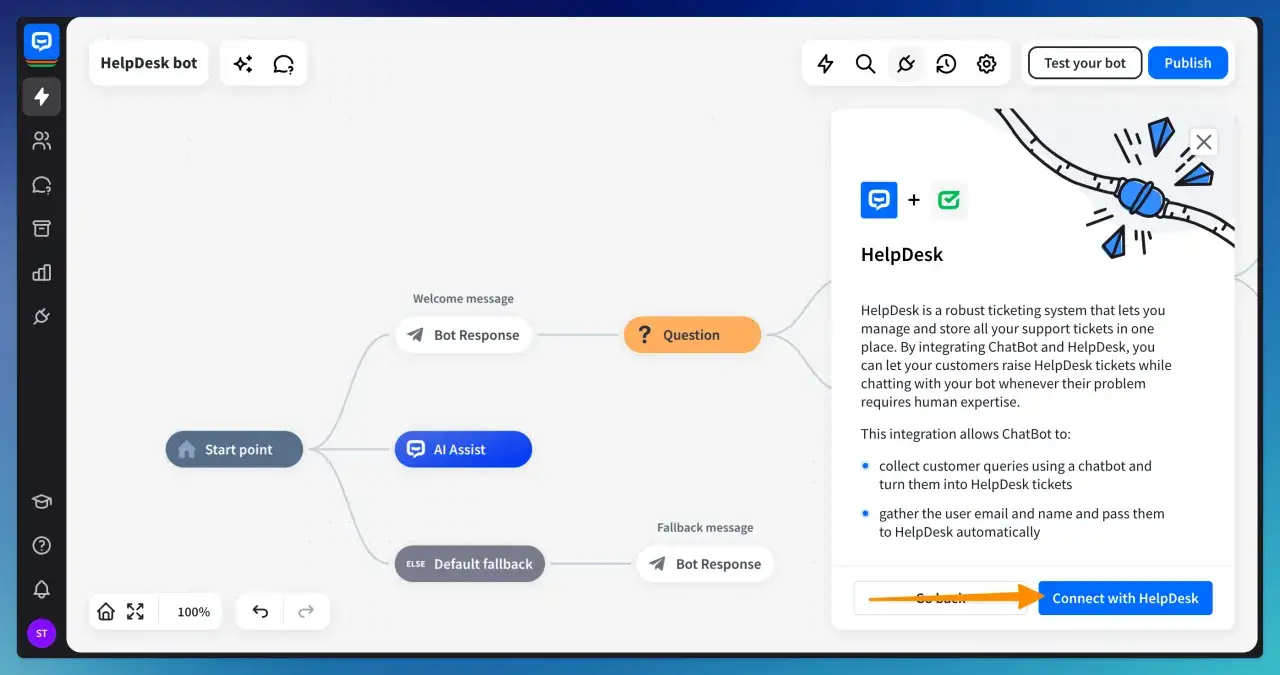 Interface de configuration d'un chatbot pour un chatbot helpdesk. Un flux de conversation est affich&eacute;, avec des options pour le message de bienvenue, les questions et les r&eacute;ponses.