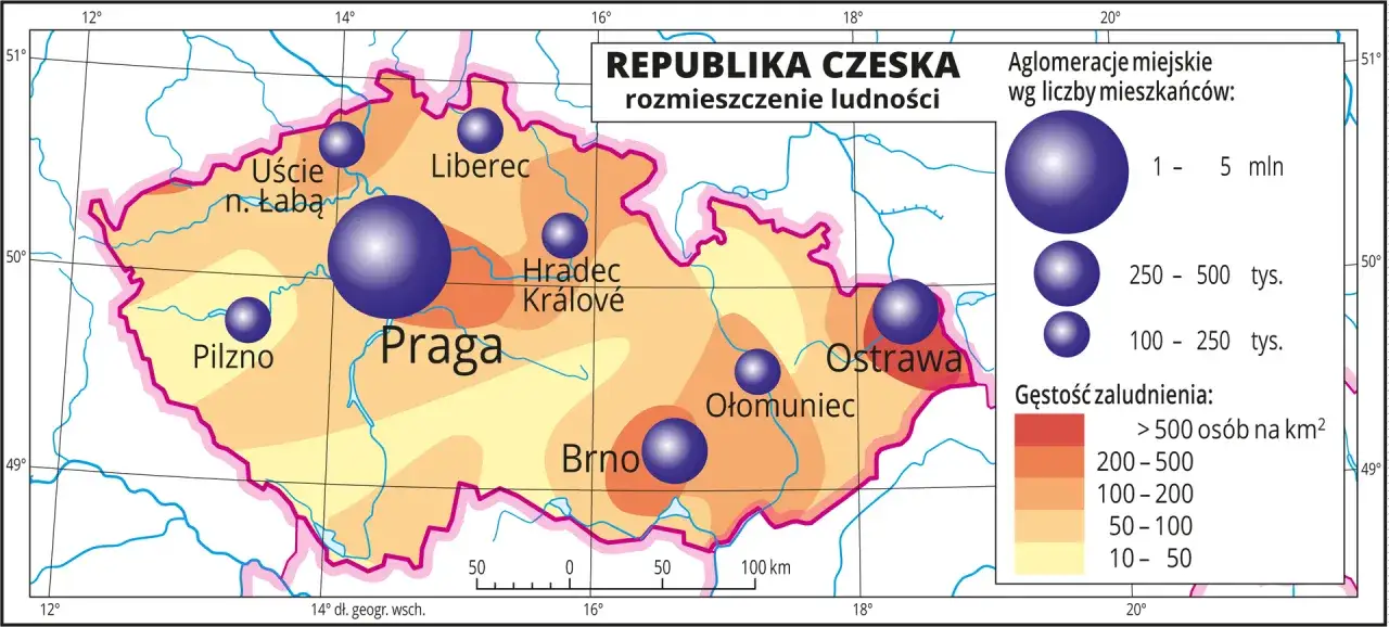 Mapa pokazuje rozmieszczenie ludności w Czechach. Największe aglomeracje miejskie to Praga, Brno, Ostrawa.