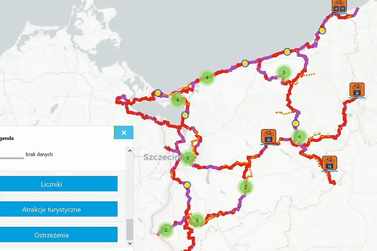 Mapa tras rowerowych z zaznaczonym Szczecinem. Widać sieć dróg, punkty turystyczne i odległości, sugerujące podróż z okolic Szczecina w kierunku Łodzi.
