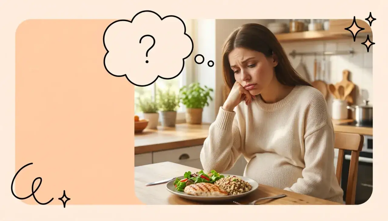 Donna incinta con espressione pensierosa, davanti a un piatto di cibo. La sua fame pre ciclo la rende indecisa su cosa mangiare.