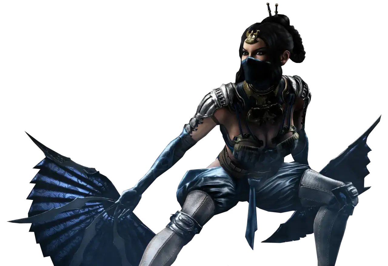 Kitana Mortal Kombat z wachlarzami w dłoniach, gotowa do walki.