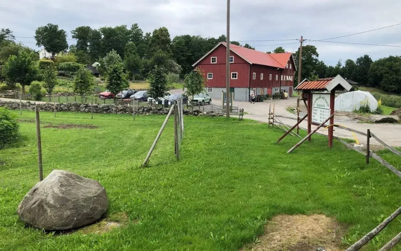 Grönskande gräsmatta med en stor sten och staket leder fram till Sammels lantgård med röda byggnader och en växthus.