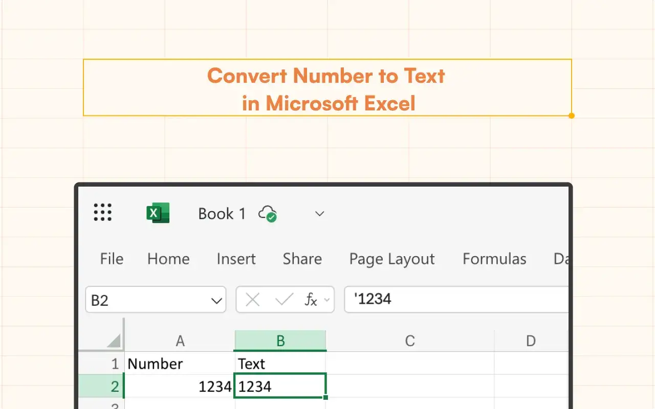Excel-Tabelle zeigt, wie man einen Zahlenwert in Text umwandelt. Zelle B2 enth&auml;lt '1234.