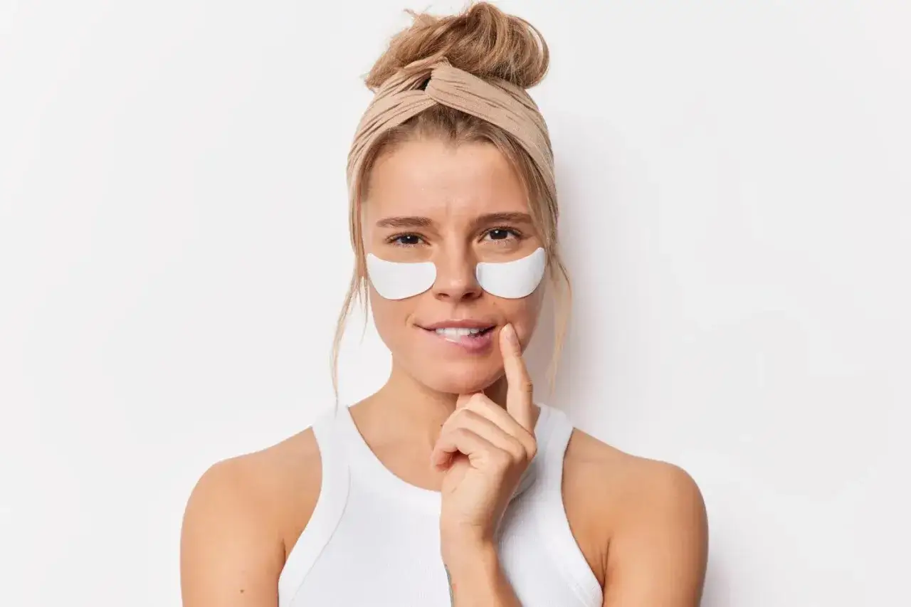 En kvinna med pannband och eye patches under ögonen, som visar hur ska eye patches sitta.