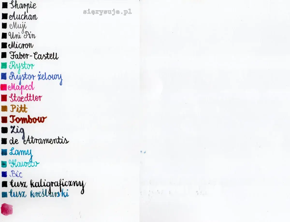 Lista pisak&oacute;w nieprzebijających: Sharpie, Auchan, Muji, Uni Pin, Micron, Faber-Castell, Rystor, Rystor żelowy, Maped, Staedtler, Pitt, Tombow, Zig, de Atramentis, Lamy, Haweco, Bic, tusz kaligraficzny, tusz kreślarski.