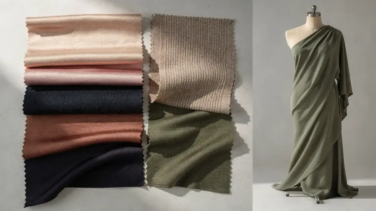 Stoffmuster in Rosa, Schwarz und Braun liegen neben geripptem Stoff und einem olivgr&uuml;nen Stoff. Ein Kleid aus olivgr&uuml;nem Stoff drapiert sich um eine Schneiderpuppe. Viskose ist eine Naturfaser.