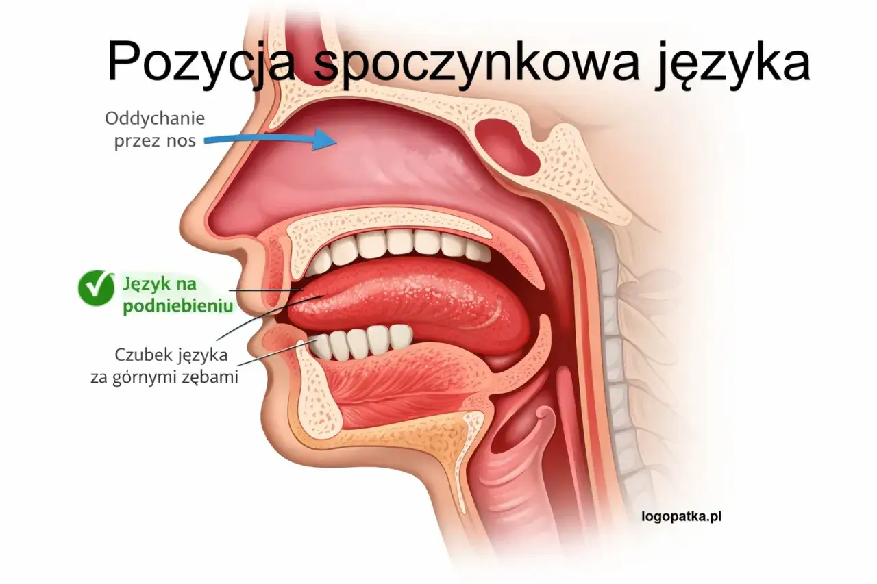 Prawidłowe ułożenie języka: na podniebieniu, czubek za górnymi zębami. Oddychanie przez nos.
