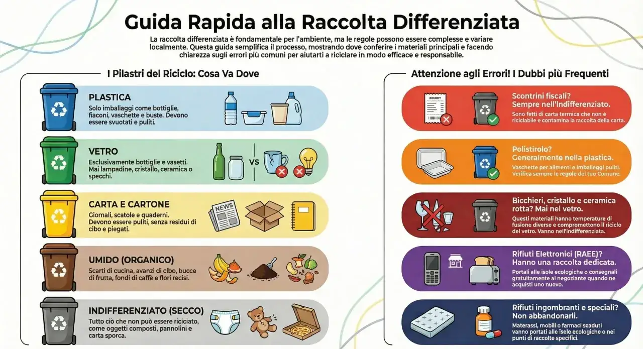 Guida alla raccolta differenziata: plastica, vetro, carta, organico e indifferenziato. Impara a riciclare correttamente per un futuro sostenibile.