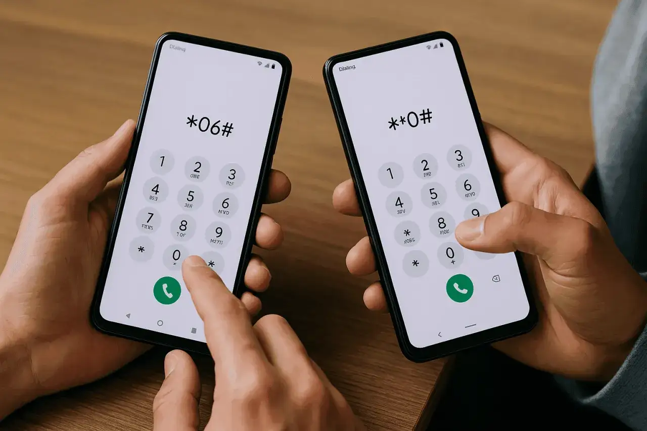 Tv&aring; h&auml;nder h&aring;ller varsin mobiltelefon. P&aring; sk&auml;rmarna visas siffror och symboler, som om n&aring;gon f&ouml;rs&ouml;ker lista ut hur man ringer dolt.