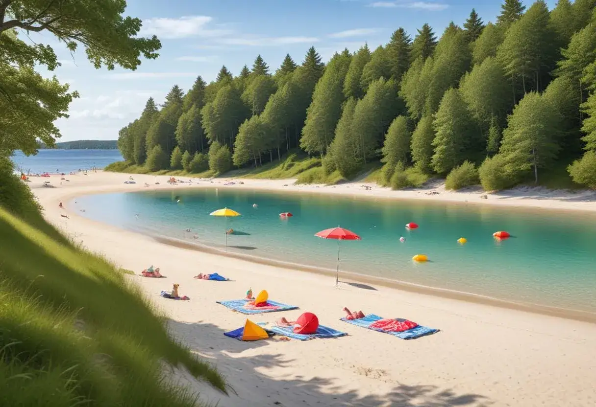 En solig dag vid Vinterviken Stockholm. M&auml;nniskor njuter p&aring; stranden med parasoller och badleksaker i det turkosa vattnet.