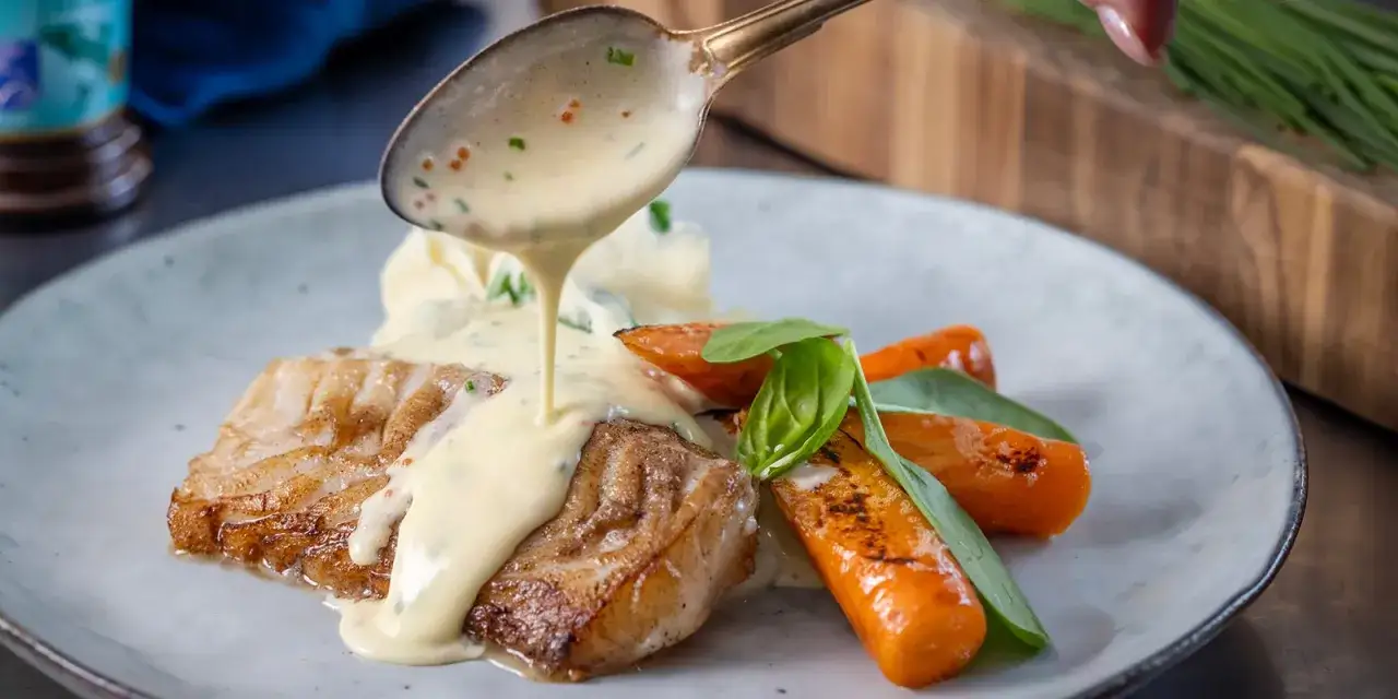 En kr&auml;mig s&aring;s h&auml;lls &ouml;ver en perfekt tillagad fiskfil&eacute; med rostade mor&ouml;tter. Ett perfekt sandefjords&aring;s recept f&ouml;r en lyxig middag.