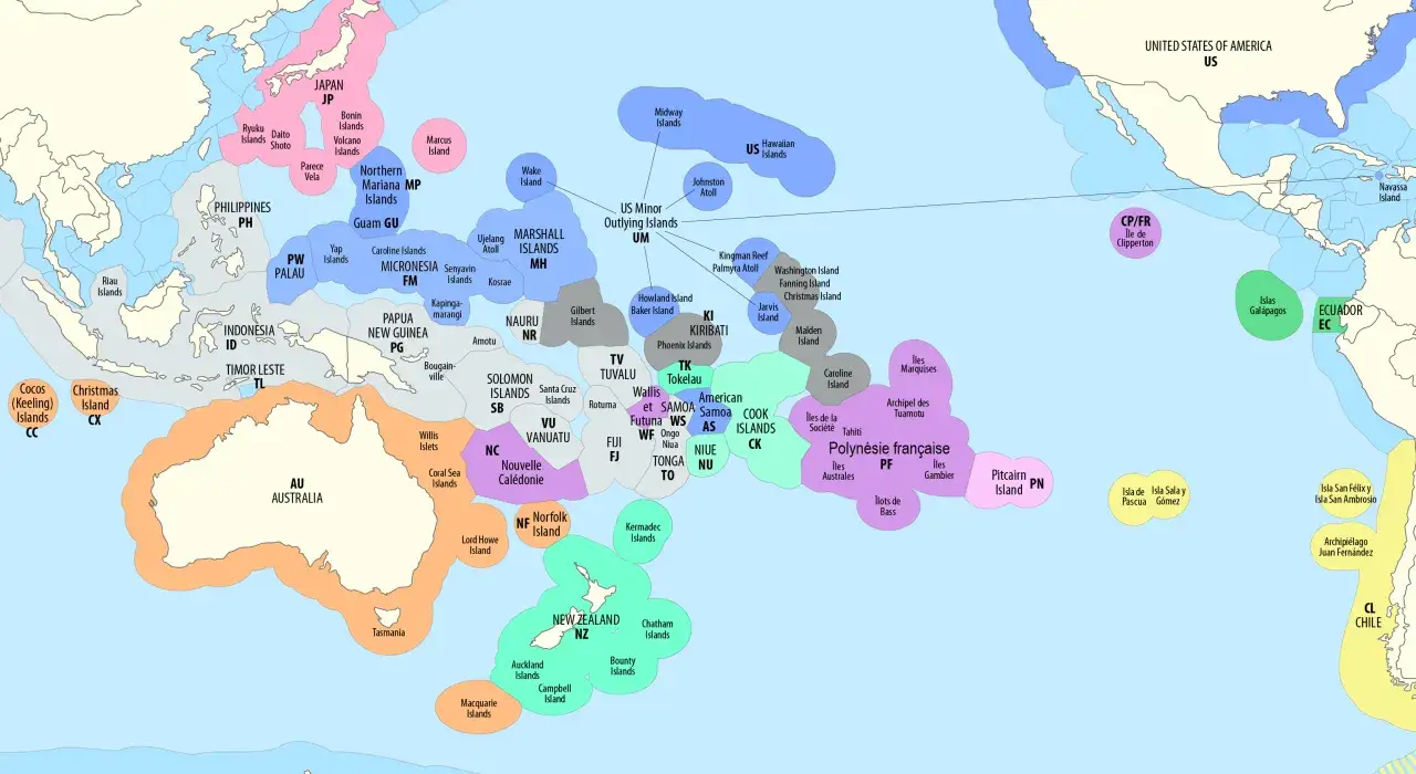 Mapa polityczna Pacyfiku z zaznaczonymi wyspami i terytoriami państw, w tym Stanów Zjednoczonych.
