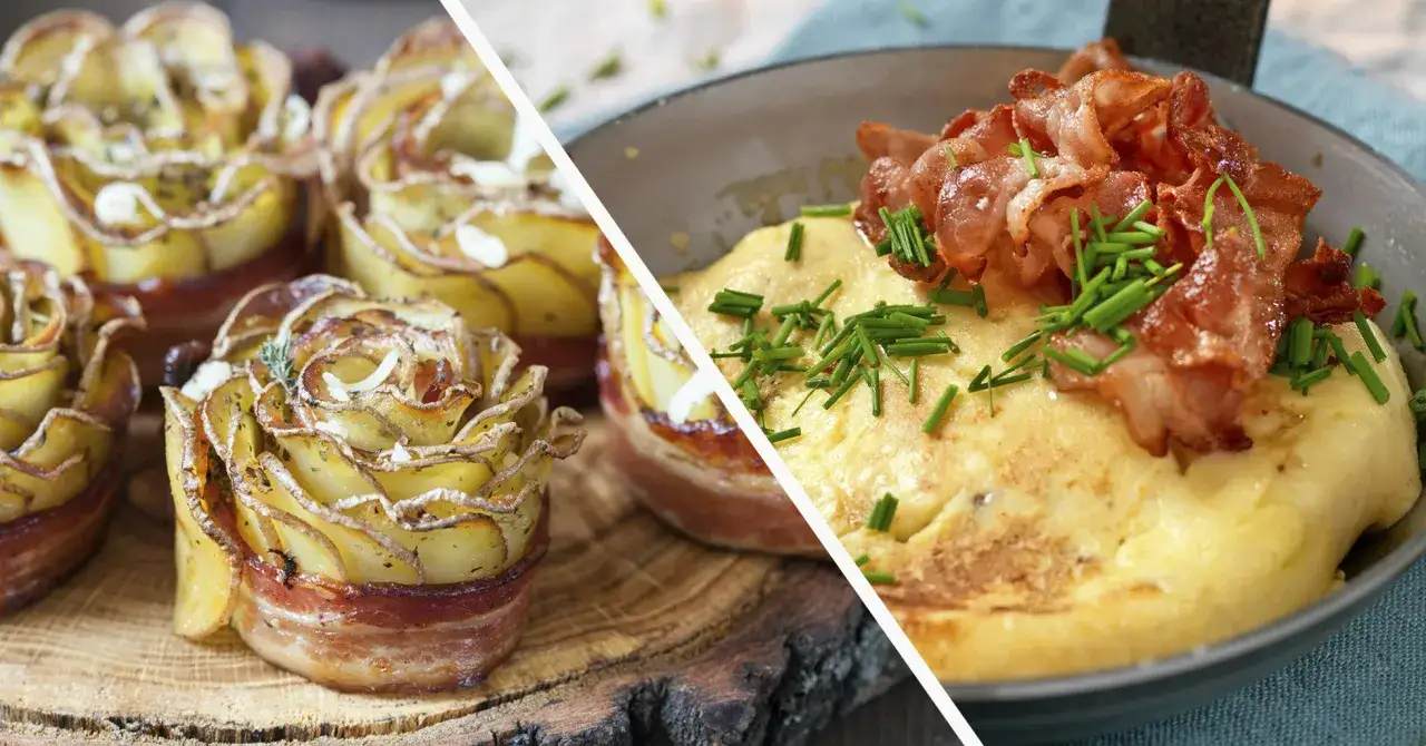 Potatisrosor inslagna i bacon, bakade i ugn. Bredvid en panna med krämig polenta toppad med knaprigt bacon och gräslök.