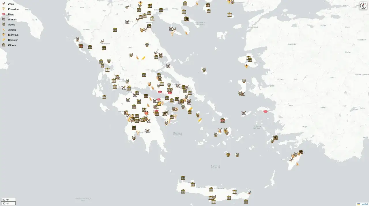 Mapa Grecji z zaznaczonymi miejscami związanymi z mity greckie: świątynie, symbole bogów jak Zeus, Hera, Apollo.