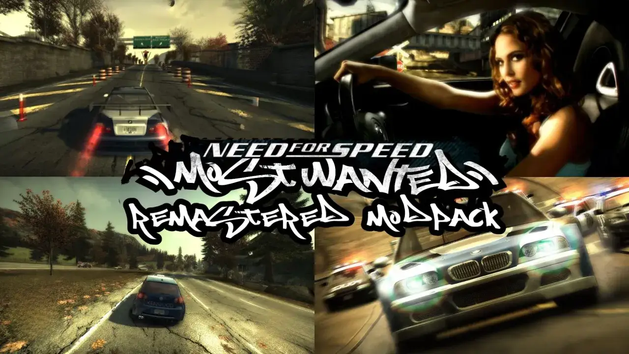 NFS Most Wanted Redux: cztery sceny z gry, w tym wyścig BMW, kobieta za kierownicą i pościg policyjny.