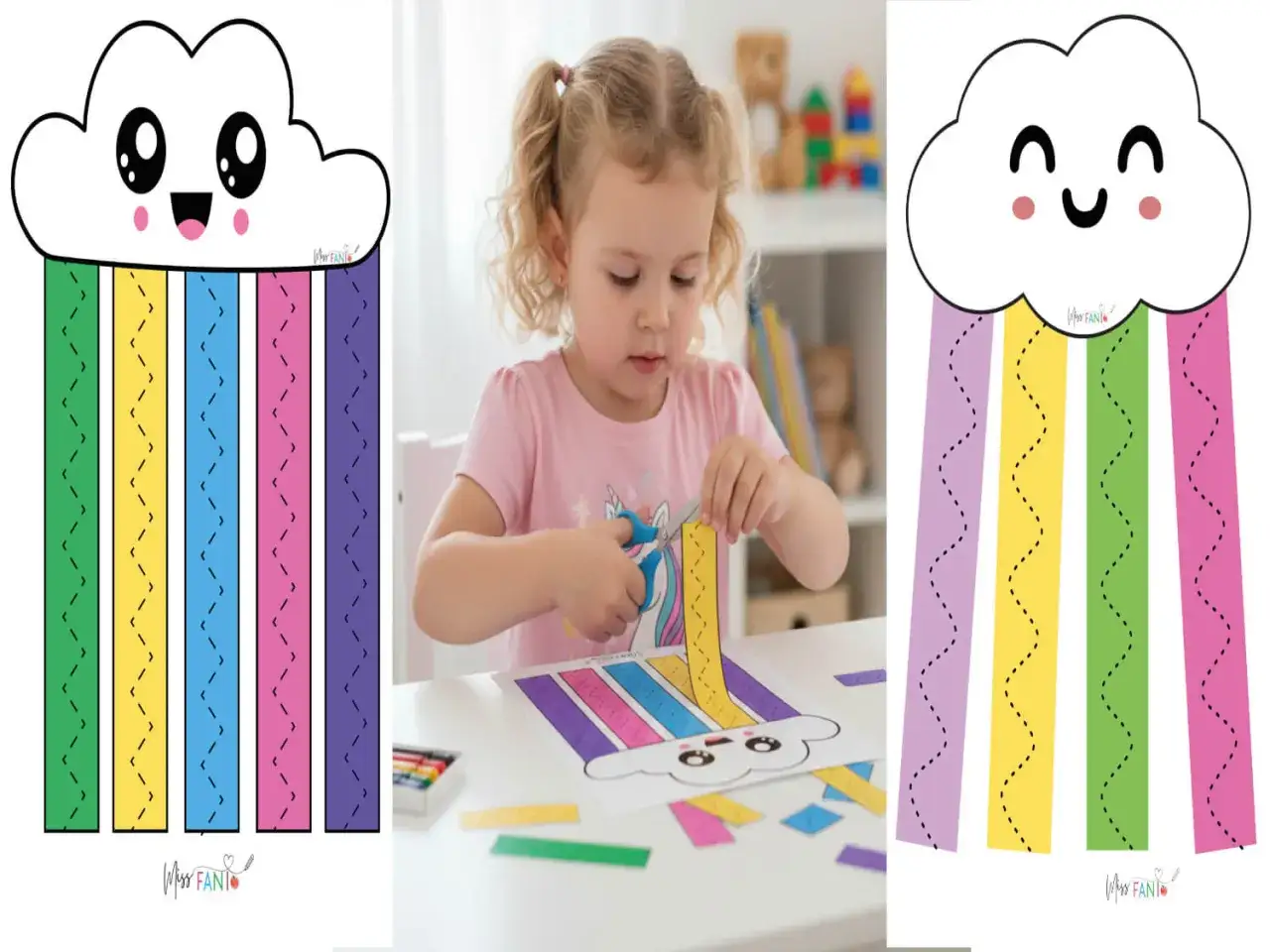 Ni&ntilde;a recortando con tijeras coloridas fichas para aprender a recortar, con dise&ntilde;os de arco&iacute;ris y nubes.