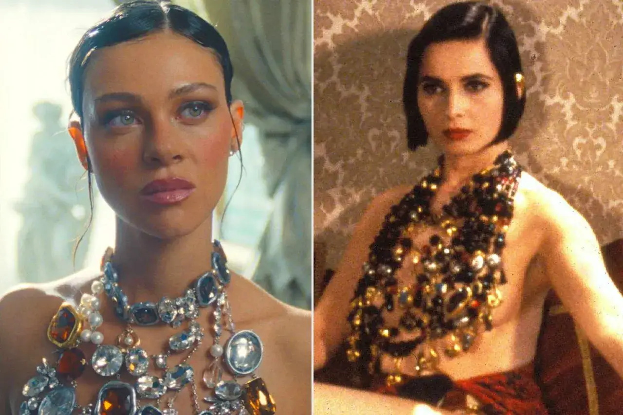 Nicola Peltz och Isabella Rossellini b&auml;r b&aring;da &ouml;verd&aring;diga, glittrande halsband.