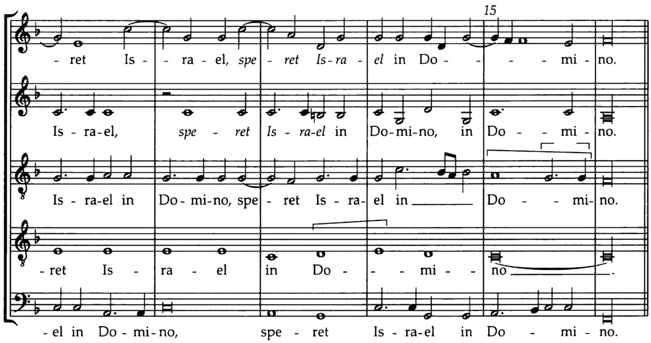 Partition musicale avec plusieurs portées, montrant une polyphonie vocale. Les voix chantent 