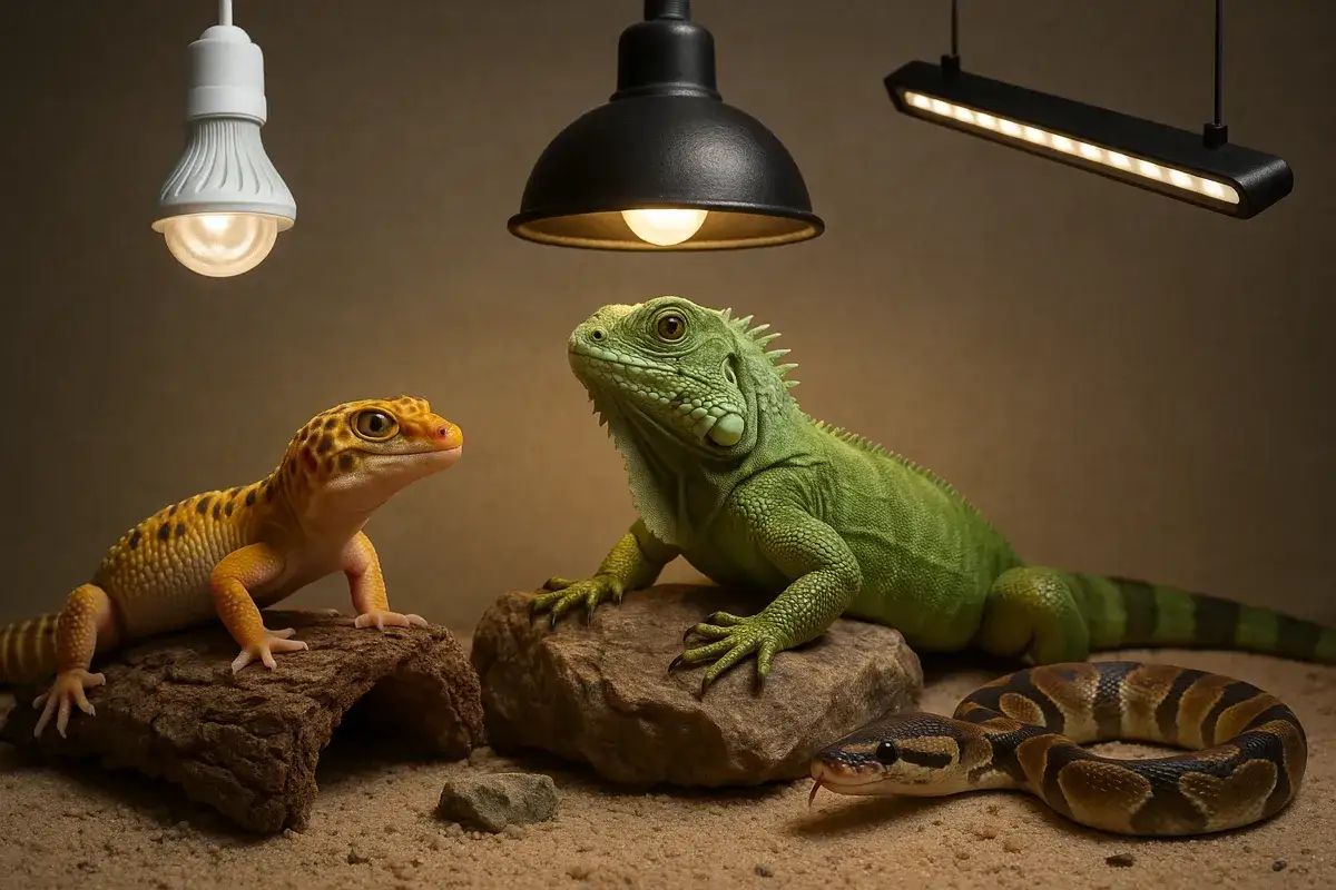Gekon lamparci w terrarium z oświetleniem
