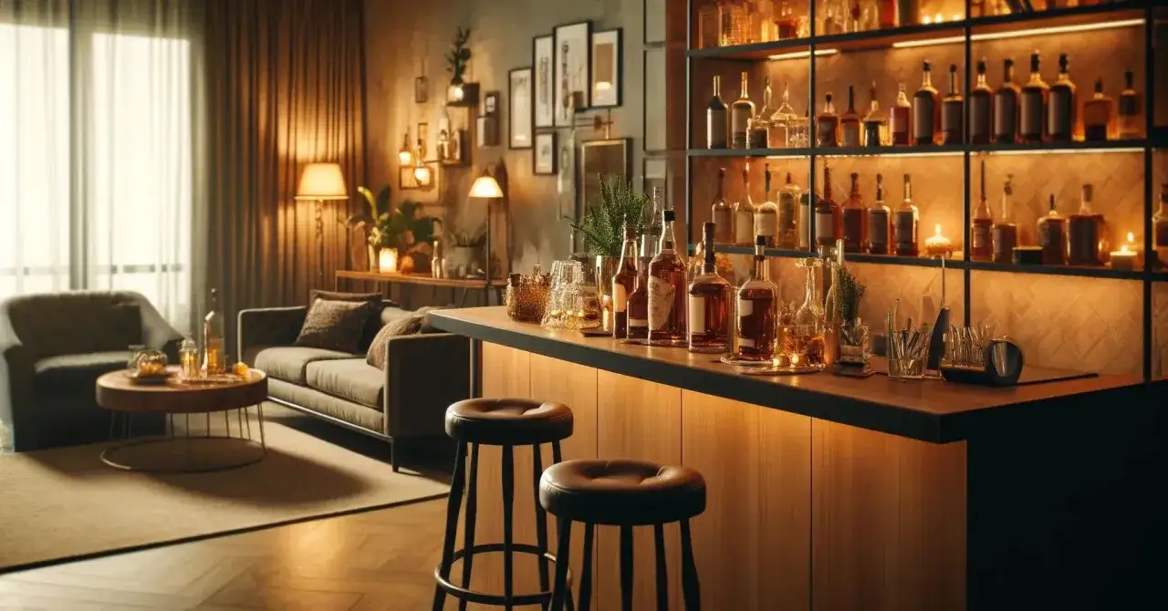 Elegancki domowy barek z butelkami alkoholi i świecami. Czy bittersy (np. angostura) są niezbędne w domowym barku? Z pewnością dodają głębi koktajlom.