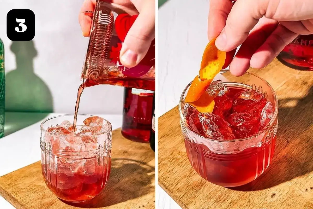 Steg 3 i negroni receptet: Häll upp drinken över is och garnera med apelsinskal.