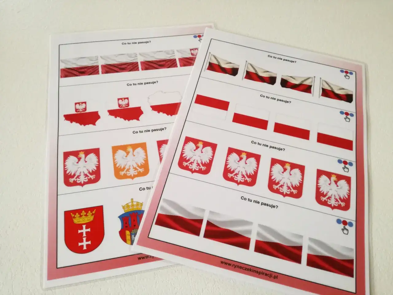 Zabawy edukacyjne dla dzieci: polskie symbole narodowe. Karty pracy z flagami, godłem i mapą Polski.
