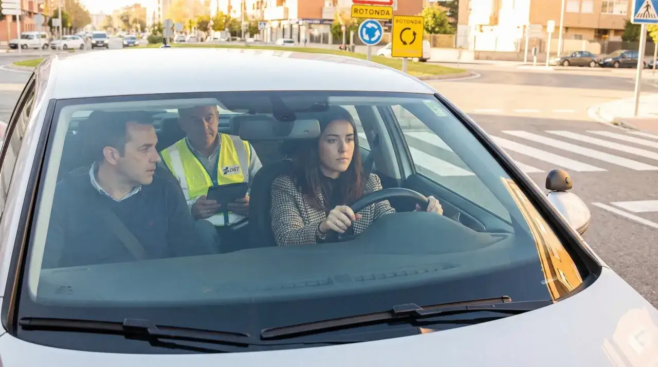 Mujer realiza examen práctico DGT. El examinador con chaleco amarillo y un hombre observan. Averigua el examen practico dgt precio.