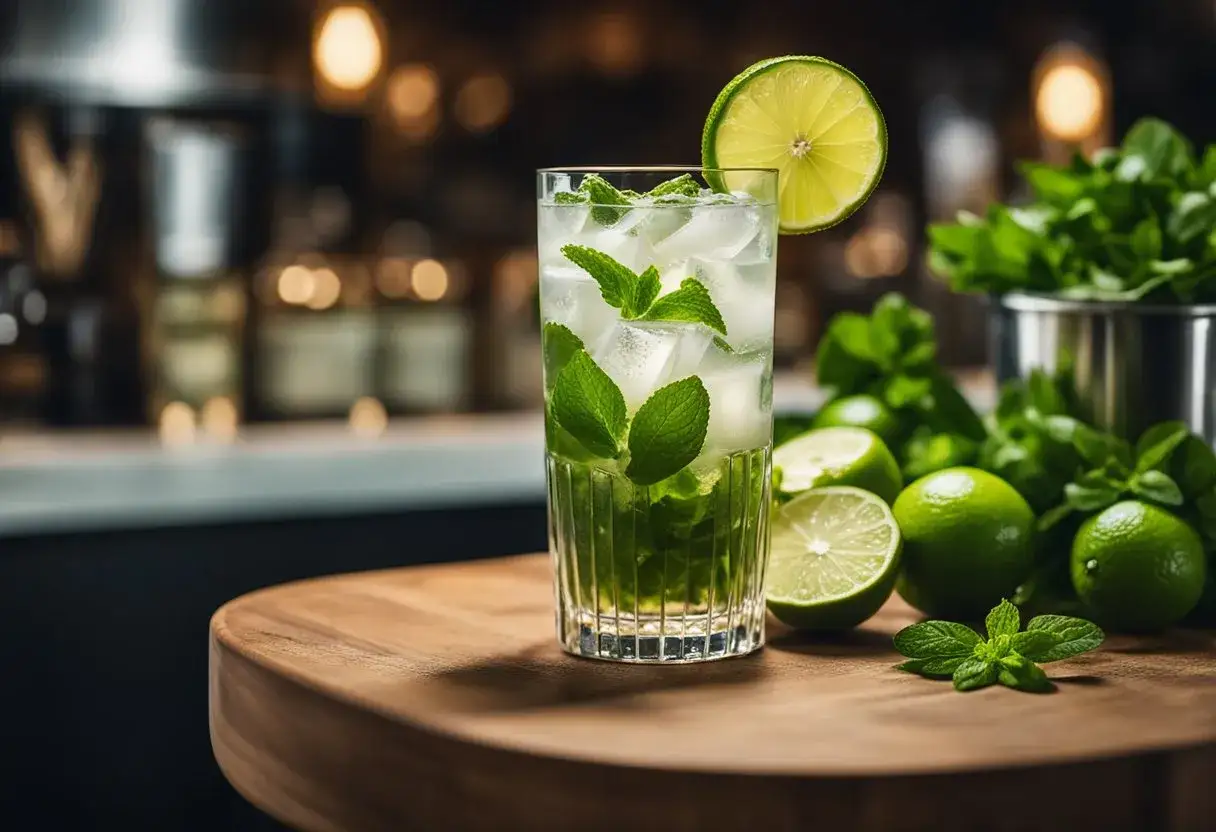 Orzeźwiający drink z limonką i miętą, pełen lodu, na drewnianym blacie.