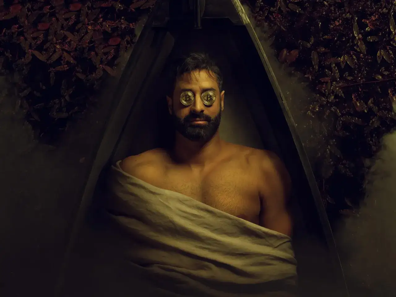 Evelyn Bencicova's striking portrait: a man with Bitcoin coins for eyes, draped in cloth, surrounded by dark foliage and smoke.
