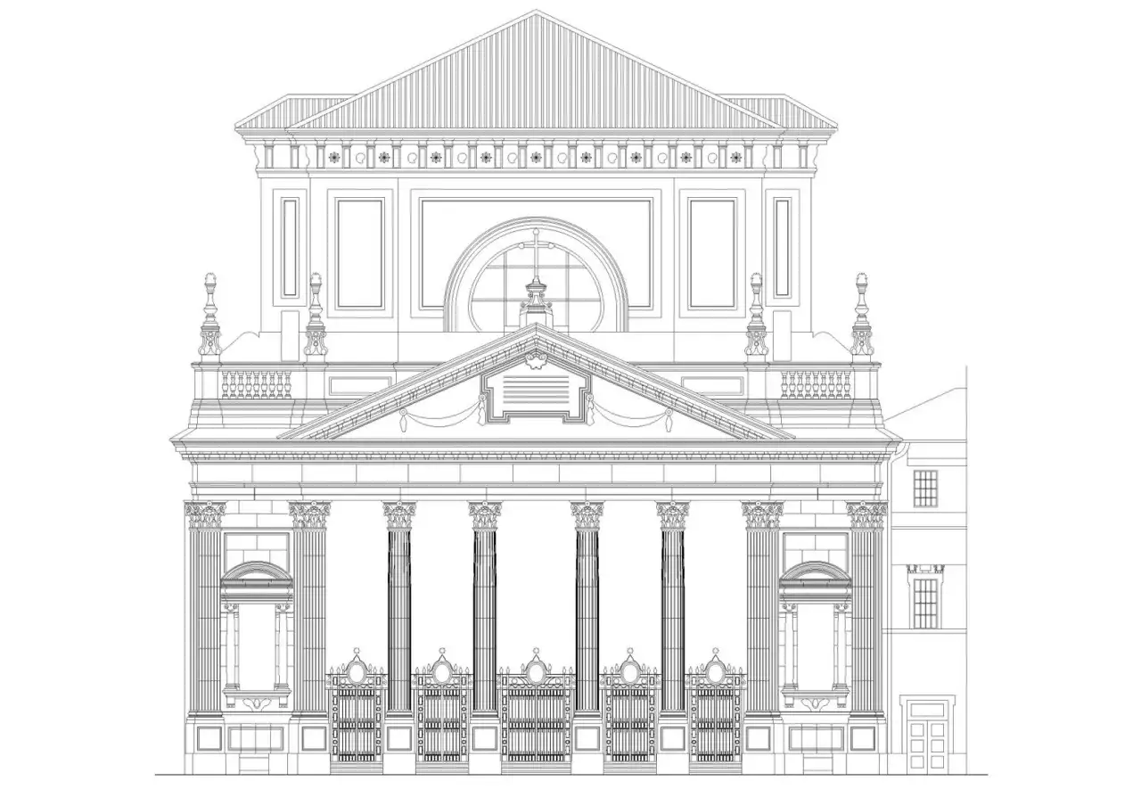 Disegno architettonico della chiesa di San Filippo Neri a Torino, con colonne, finestre ad arco e un timpano decorato.
