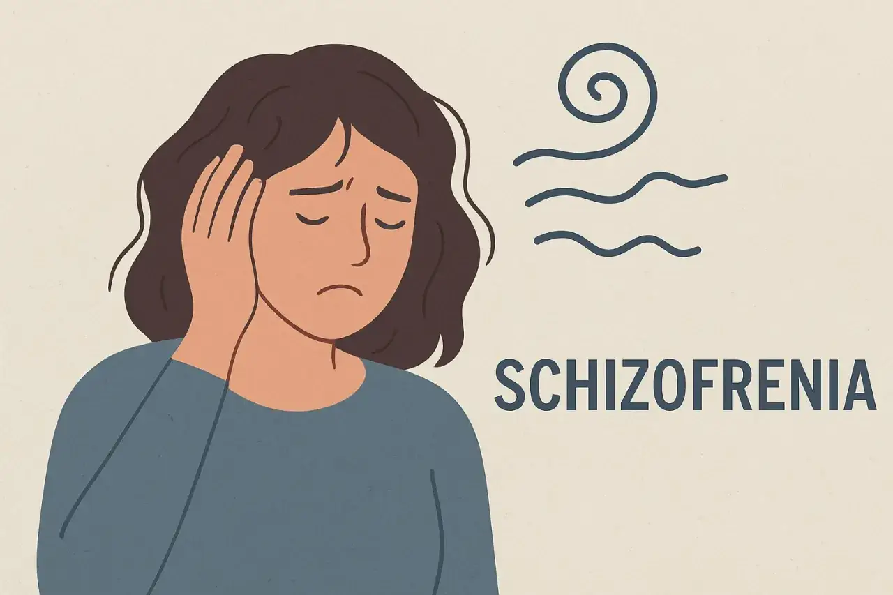 Smutna osoba z ręką na skroni, obok symbol wiru i fal. Co to schizofrenia?